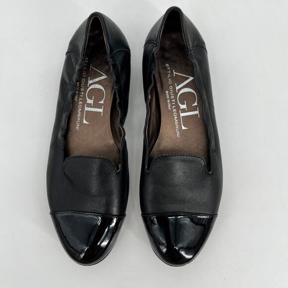 AGL Cap Toe Loafer Women EU 37.5 US 7.5 Black Leather Patent Ballet Flat Italy - Picture 3 of 9